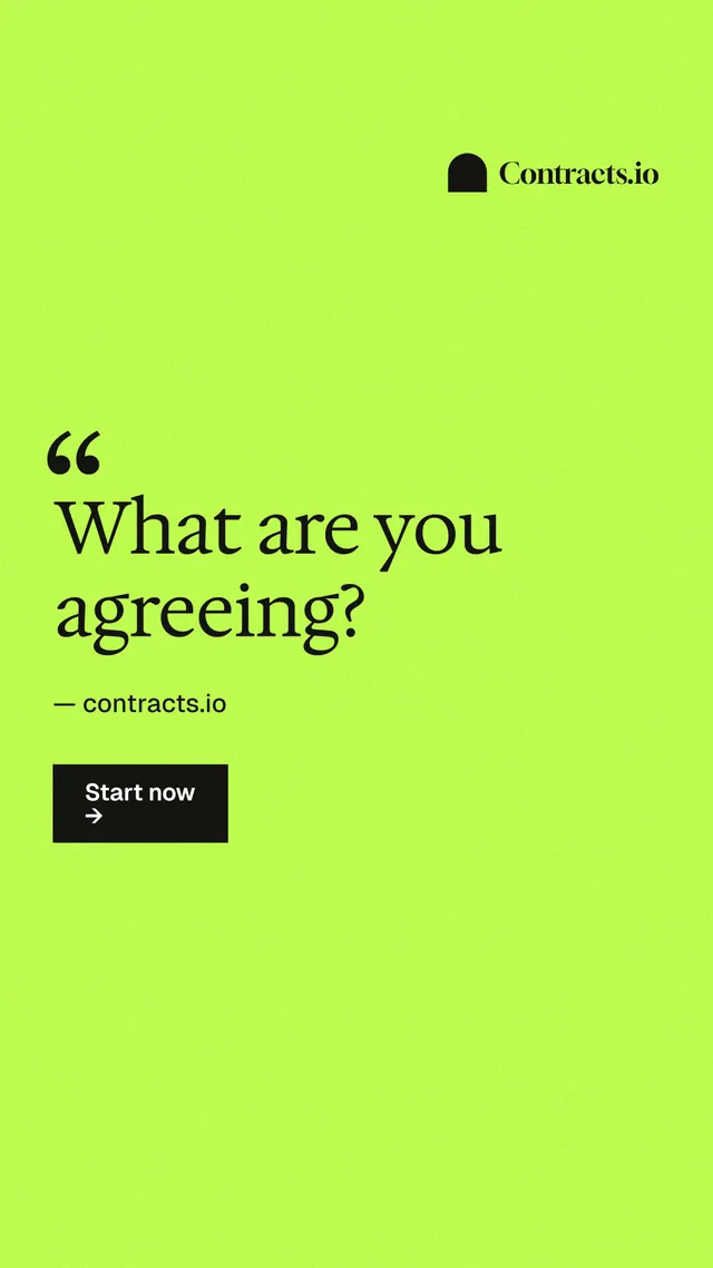 Instagram story for contracts.io: "What are you agreeing?" Swiss style, quote layout, light palette in green.