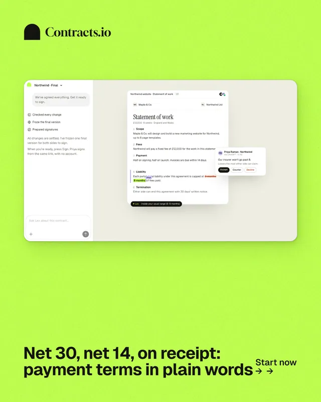 Instagram portrait post for contracts.io: "Net 30, net 14, on receipt: payment terms in plain words". Swiss style, image led layout, light palette in green.