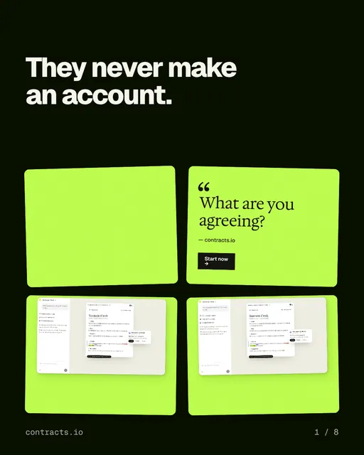 Carousel for contracts.io: "They never make an account.". Collection carousel, 8 slides, dark palette.