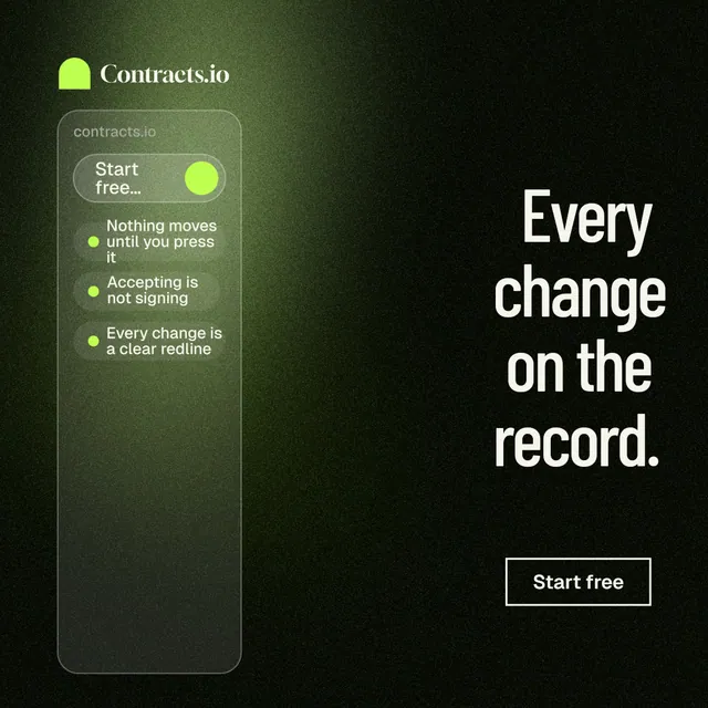 Instagram post for contracts.io: "Every change on the record." Dark deco style, right layout, dark palette in black, green, grey.