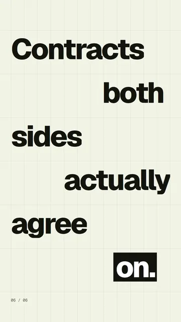 Video for contracts.io: "Contracts both sides actually agree on.". Kinetic type grid, 6.0 s, light palette.