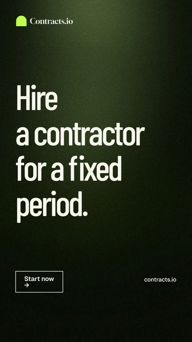 Instagram story for contracts.io: "Hire a contractor for a fixed period." Dark deco style, poster layout, dark palette in black, grey.