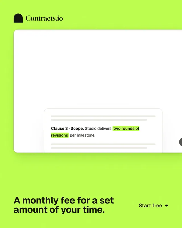 Instagram portrait post for contracts.io: "A monthly fee for a set amount of your time." Swiss style, image led layout, light palette in green, white.