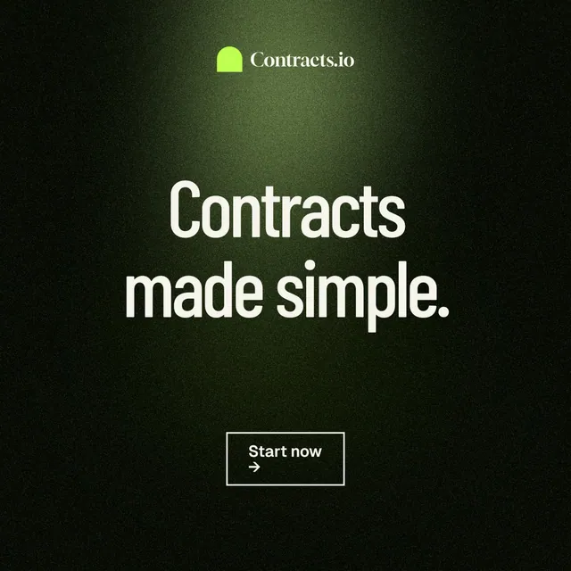 Instagram post for contracts.io: "Contracts made simple." Dark deco style, centred layout, dark palette in black, grey.