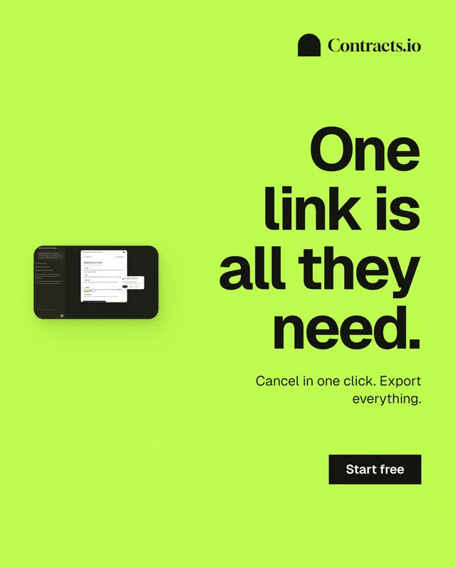 Instagram portrait post for contracts.io: "One link is all they need." Swiss style, right layout, light palette in green.