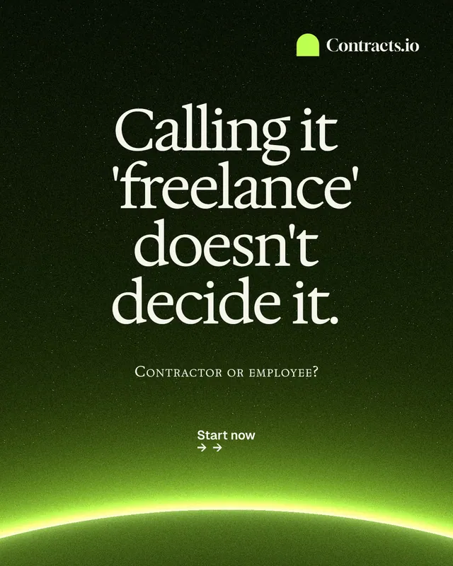 Instagram portrait post for contracts.io: "Calling it 'freelance' doesn't decide it." Swiss style, smallcaps layout, dark palette in black, green.