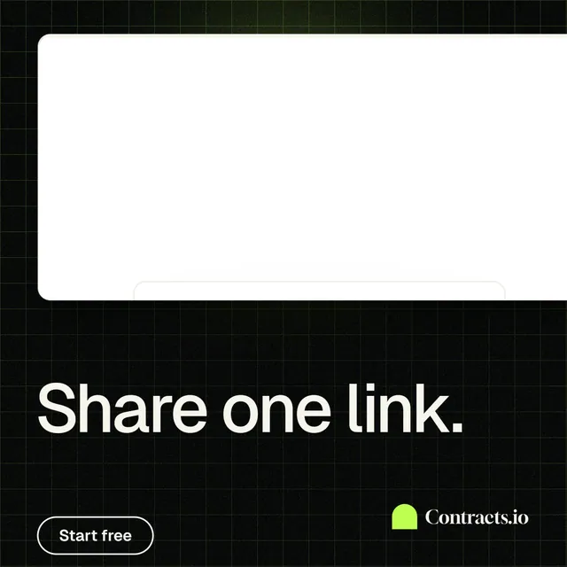 Instagram post for contracts.io: "Share one link." Phosphor atlas style, bottom layout, light palette in white, black.