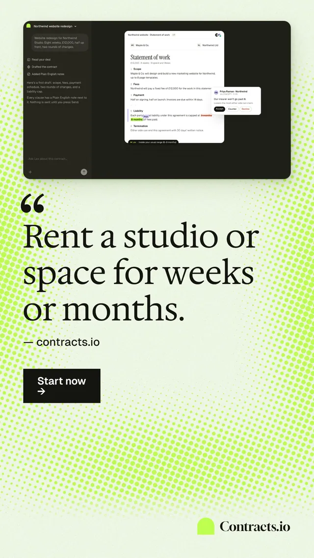 Instagram story for contracts.io: "Rent a studio or space for weeks or months." Swiss style, quote layout, light palette in white, green, black.