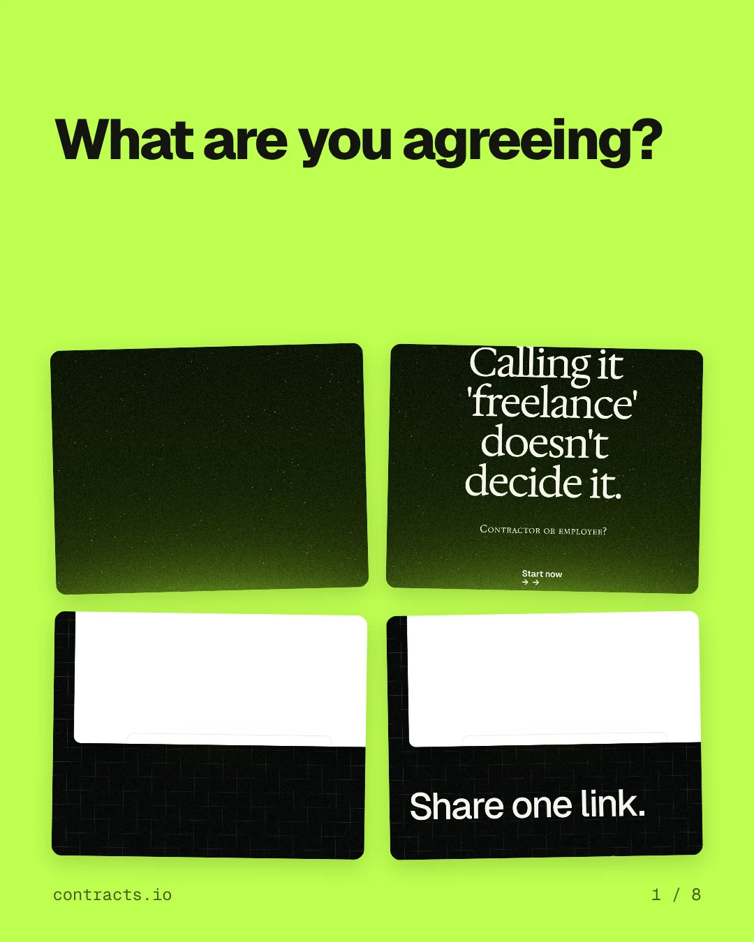 Carousel for contracts.io: "What are you agreeing?". Collection carousel, 8 slides, light palette.