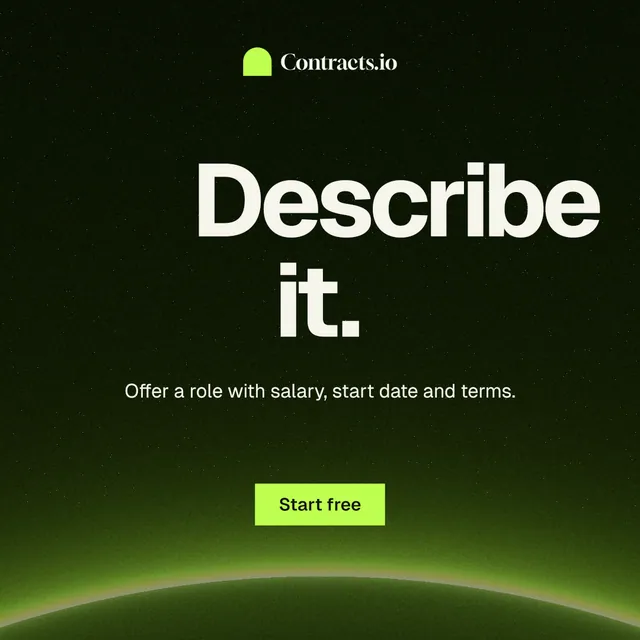 Instagram post for contracts.io: "Describe it." Swiss style, centred layout, dark palette in black, green.