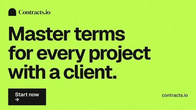 Landscape graphic for contracts.io: "Master terms for every project with a client." Swiss style, poster layout, light palette in green.