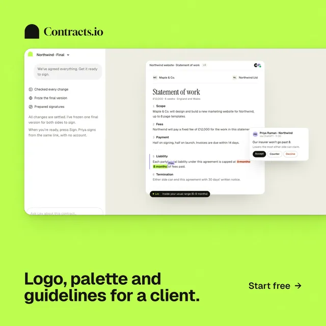 Instagram post for contracts.io: "Logo, palette and guidelines for a client." Swiss style, image led layout, light palette in green.