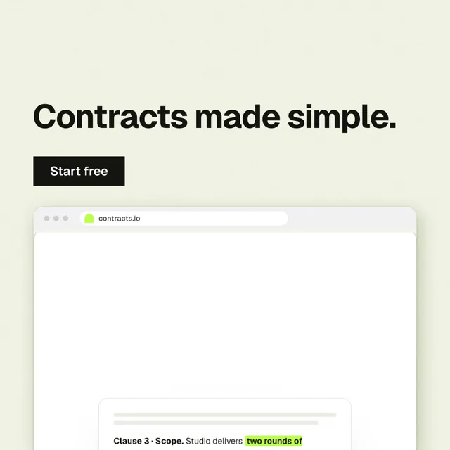 Instagram post for contracts.io: "Contracts made simple." Swiss style, browser layout, light palette in white.