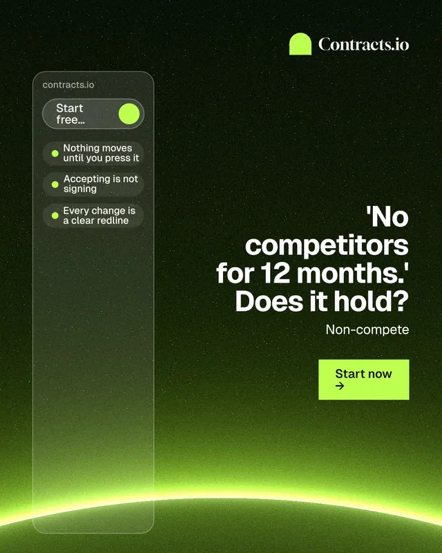 Instagram portrait post for contracts.io: "'No competitors for 12 months.' Does it hold?" Swiss style, right layout, dark palette in green, black.