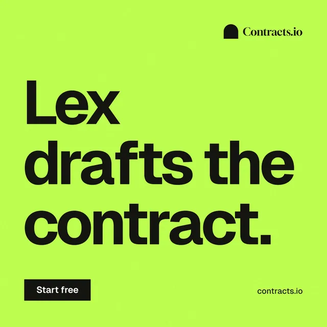 Instagram post for contracts.io: "Lex drafts the contract." Swiss style, poster layout, light palette in green.