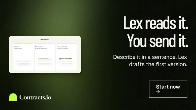 Landscape graphic for contracts.io: "Lex reads it. You send it." Dark deco style, right layout, dark palette in green, black, grey.