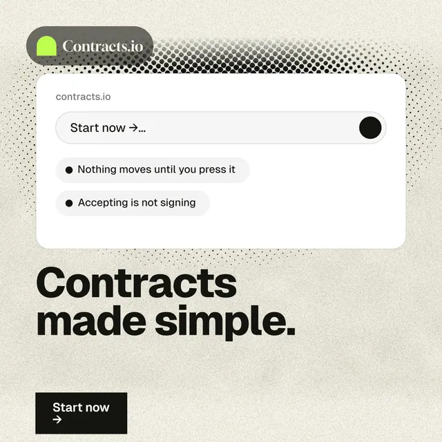 Instagram post for contracts.io: "Contracts made simple." Ink sticker style, bottom layout, light palette in yellow, white, grey.
