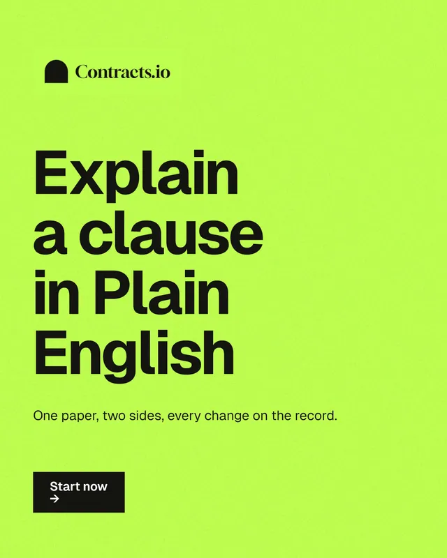 Instagram portrait post for contracts.io: "Explain a clause in Plain English". Swiss style, announce layout, light palette in green.