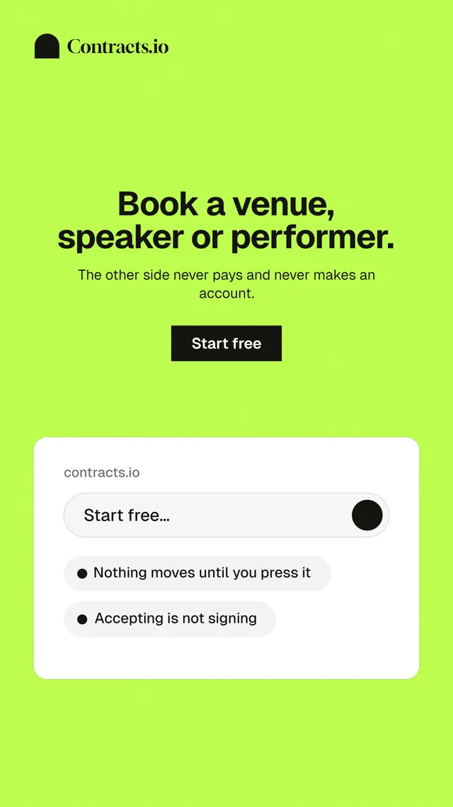 Instagram story for contracts.io: "Book a venue, speaker or performer." Swiss style, centred layout, light palette in green, white.