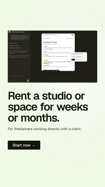 Video for contracts.io: "Rent a studio or space for weeks or months.". Doc motion loop, 6.0 s, light palette.