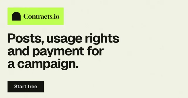 Social ad for contracts.io: "Posts, usage rights and payment for a campaign." Swiss style, announce layout, light palette in white, yellow, grey.