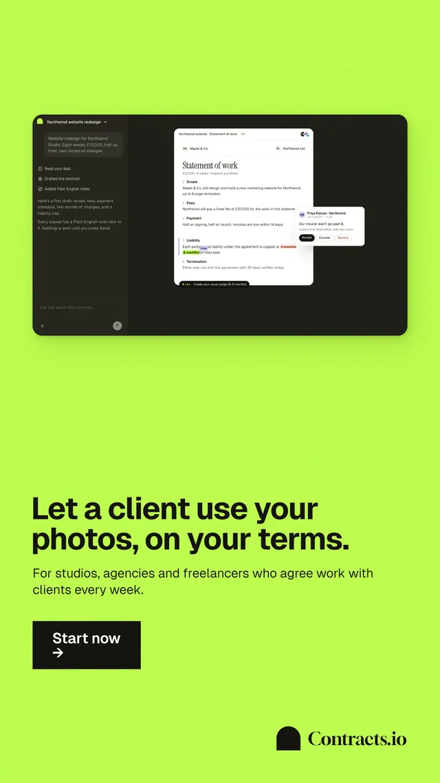 Instagram story for contracts.io: "Let a client use your photos, on your terms." Swiss style, bottom layout, light palette in green.