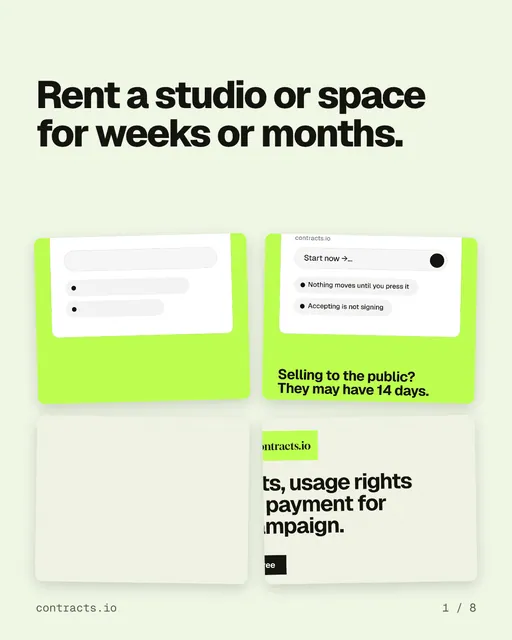 Carousel for contracts.io: "Rent a studio or space for weeks or months.". Collection carousel, 8 slides, light palette.