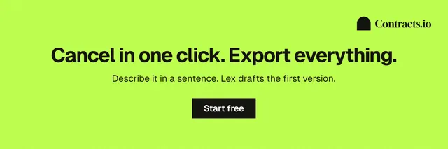 X header for contracts.io: "Cancel in one click. Export everything." Swiss style, centred layout, light palette in green.