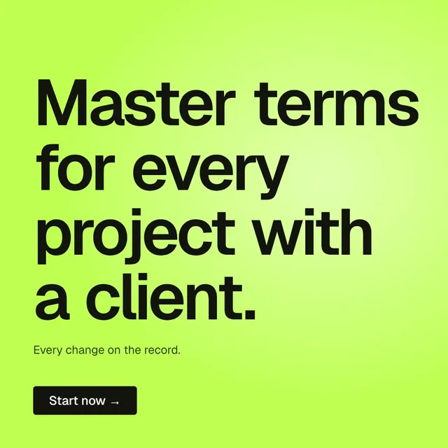 Video for contracts.io: "Master terms for every project with a client.". Kinetic type grid, 6.0 s, light palette.