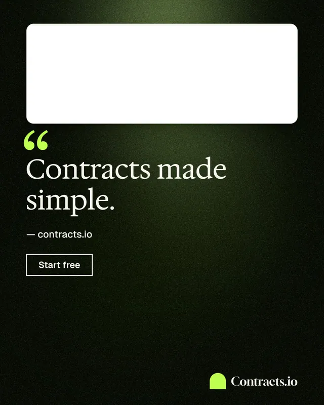Instagram portrait post for contracts.io: "Contracts made simple." Dark deco style, quote layout, dark palette in black, white, green.