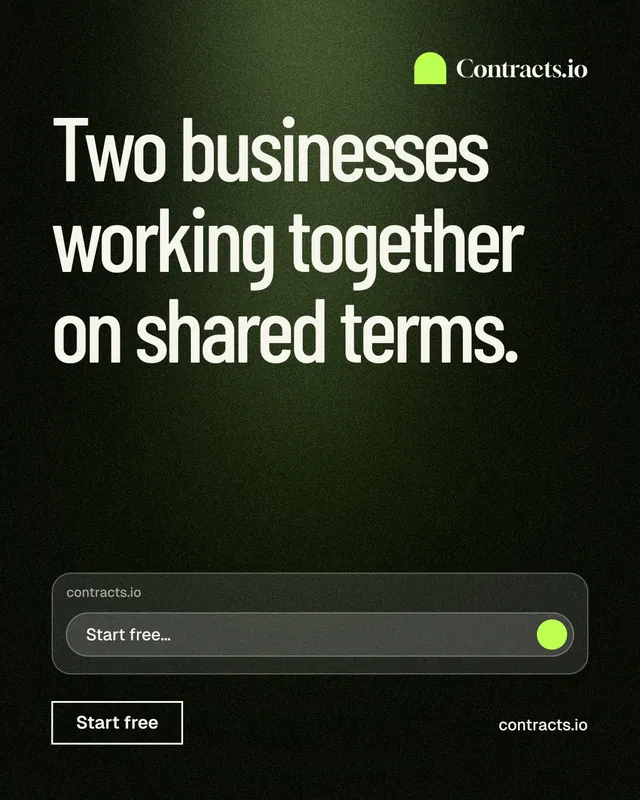 Instagram portrait post for contracts.io: "Two businesses working together on shared terms." Dark deco style, poster layout, dark palette in black, grey.