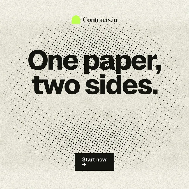 Instagram post for contracts.io: "One paper, two sides." Ink sticker style, centred layout, light palette in white, yellow, grey.