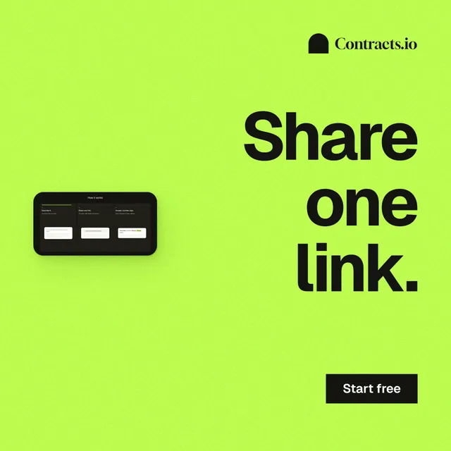 Instagram post for contracts.io: "Share one link." Swiss style, right layout, light palette in green.