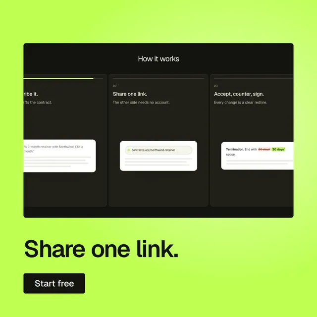 Video for contracts.io: "Share one link.". Doc motion loop, 6.0 s, light palette.