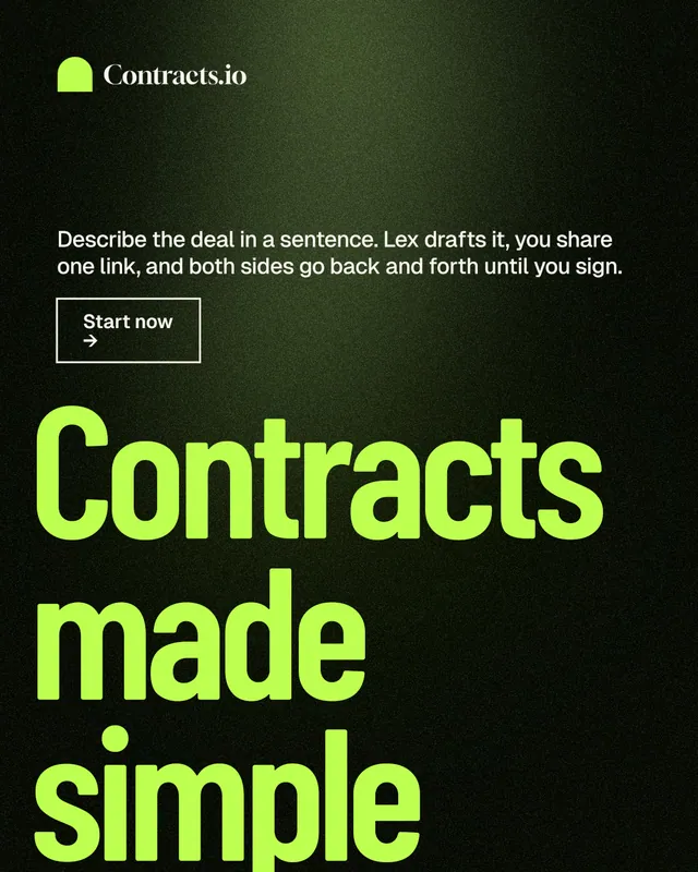 Instagram portrait post for contracts.io: "Contracts made simple." Dark deco style, oversized layout, dark palette in green, black.