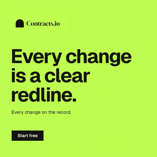 Instagram post for contracts.io: "Every change is a clear redline." Swiss style, announce layout, light palette in green.