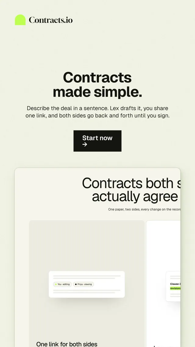 Instagram story for contracts.io: "Contracts made simple." Swiss style, centred layout, light palette in white, yellow, grey.