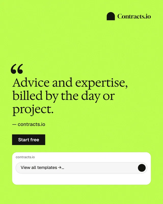 Instagram portrait post for contracts.io: "Advice and expertise, billed by the day or project." Swiss style, quote layout, light palette in green.