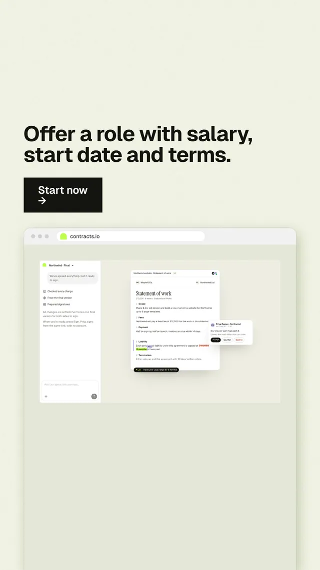 Instagram story for contracts.io: "Offer a role with salary, start date and terms." Swiss style, browser layout, light palette in yellow, green, white.