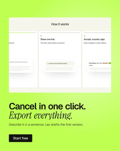 Video for contracts.io: "Cancel in one click. Export everything.". Doc motion loop, 8.0 s, light palette.