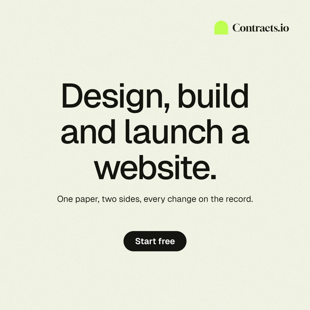 Instagram post for contracts.io: "Design, build and launch a website." Data card style, centred layout, light palette in white, grey.