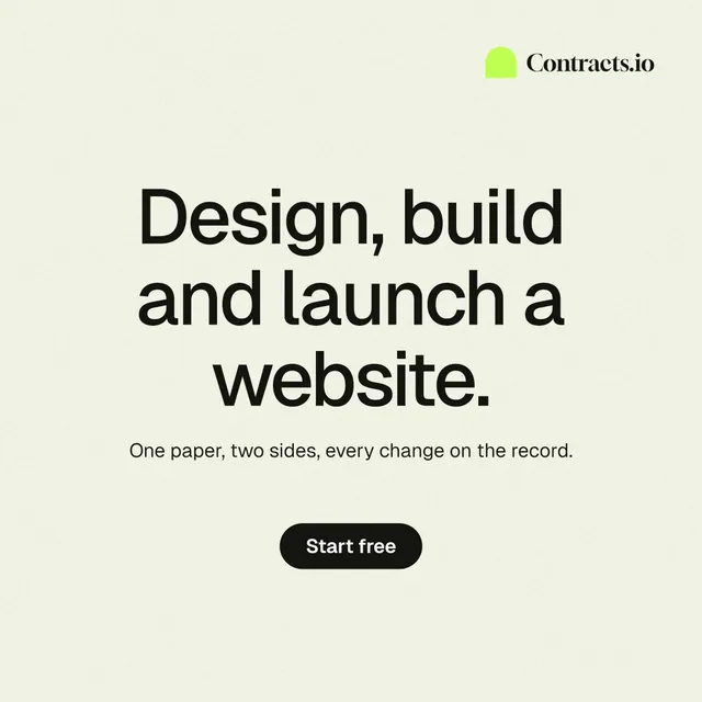 Instagram post for contracts.io: "Design, build and launch a website." Data card style, centred layout, light palette in white, grey.