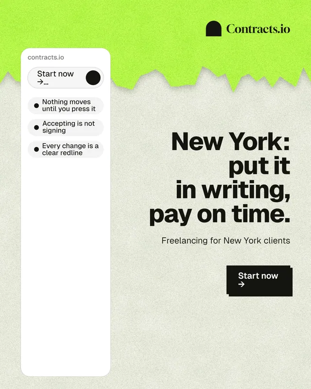 Instagram portrait post for contracts.io: "New York: put it in writing, pay on time." Paper trio style, right layout, light palette in green, white, grey.