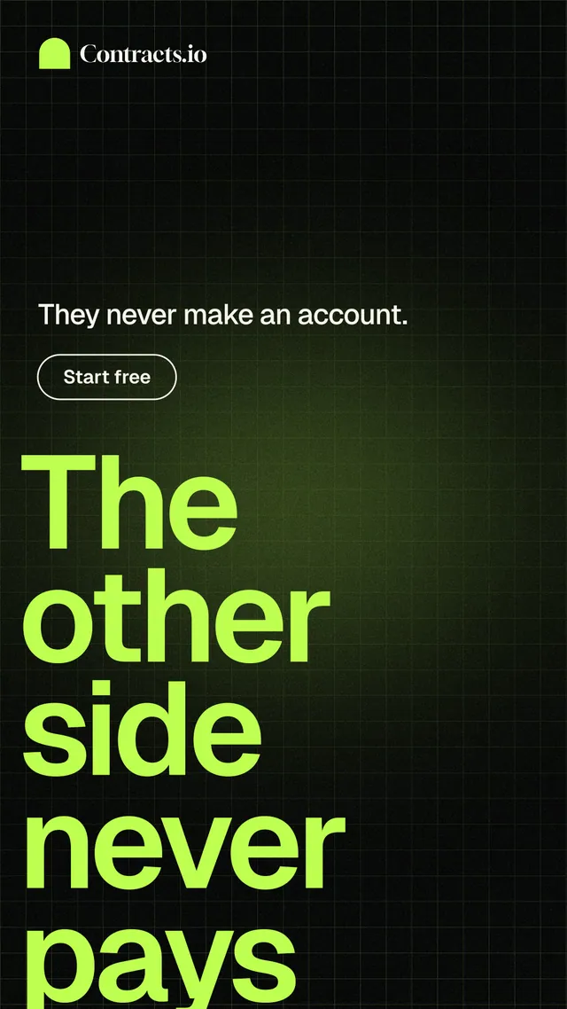 Instagram story for contracts.io: "The other side never pays." Phosphor atlas style, oversized layout, dark palette in black, green.