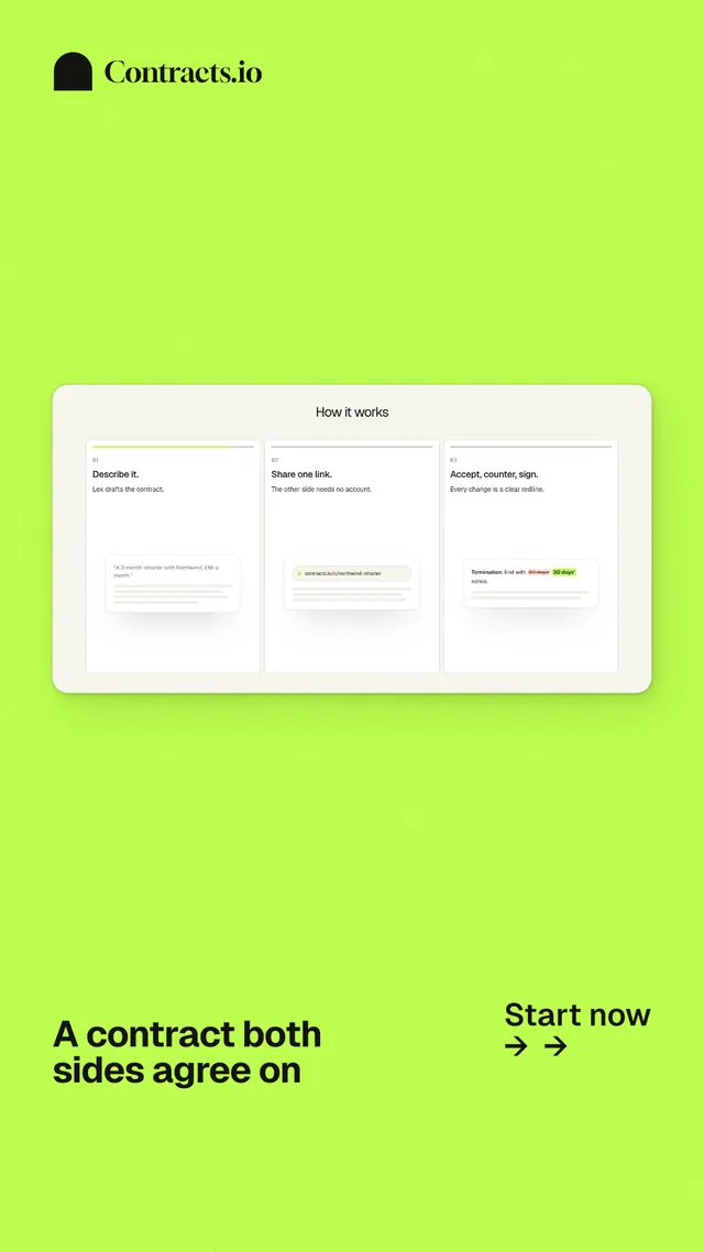 Instagram story for contracts.io: "A contract both sides agree on". Swiss style, image led layout, light palette in green, white.