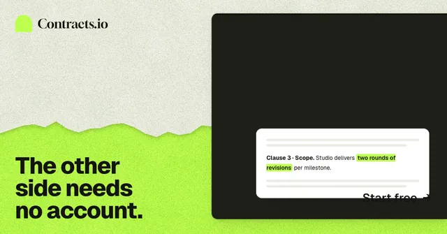 Social ad for contracts.io: "The other side needs no account." Paper trio style, image led layout, light palette in green, black.