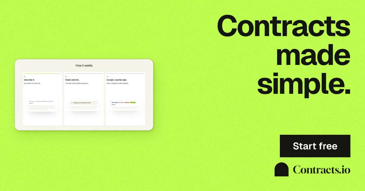 Social ad for contracts.io: "Contracts made simple." Swiss style, right layout, light palette in green.