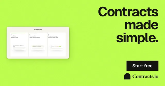 Social ad for contracts.io: "Contracts made simple." Swiss style, right layout, light palette in green.