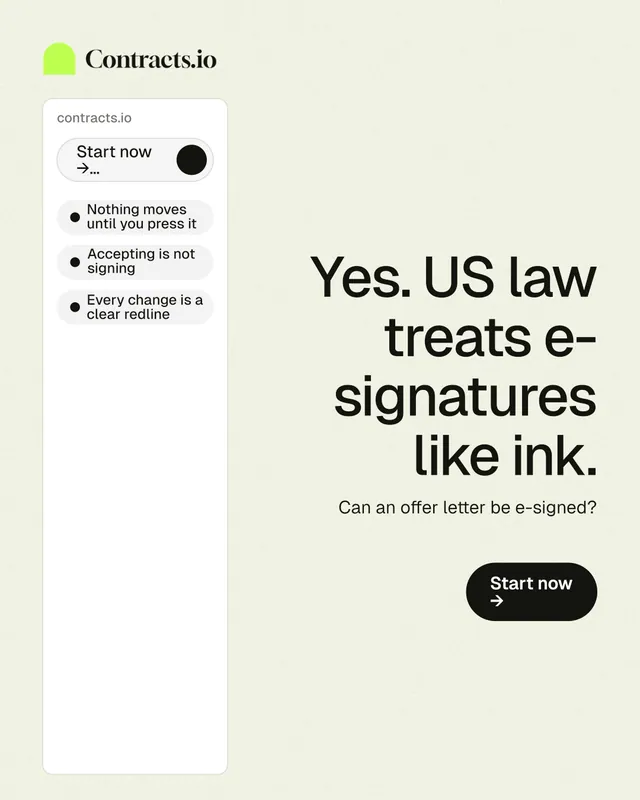 Instagram portrait post for contracts.io: "Yes. US law treats e-signatures like ink." Data card style, right layout, light palette in white, grey.