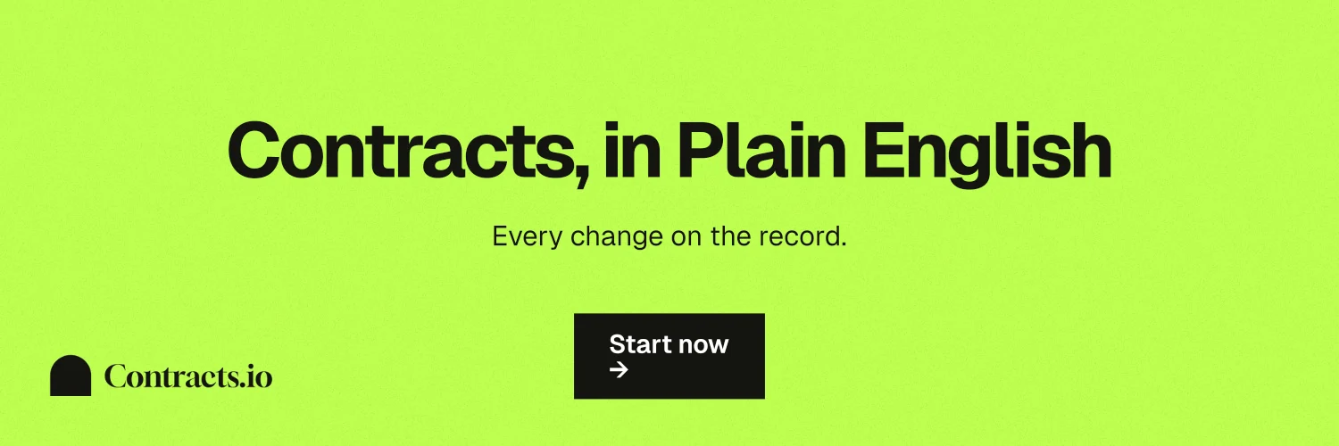 X header for contracts.io: "Contracts, in Plain English". Swiss style, centred layout, light palette in green.